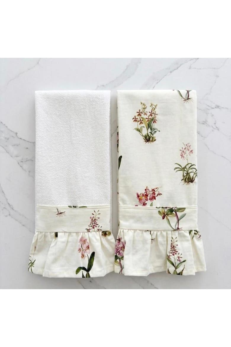 Botanical Orchid Ruffled Kitchen Towels - Set of 2, Alternate, color, White