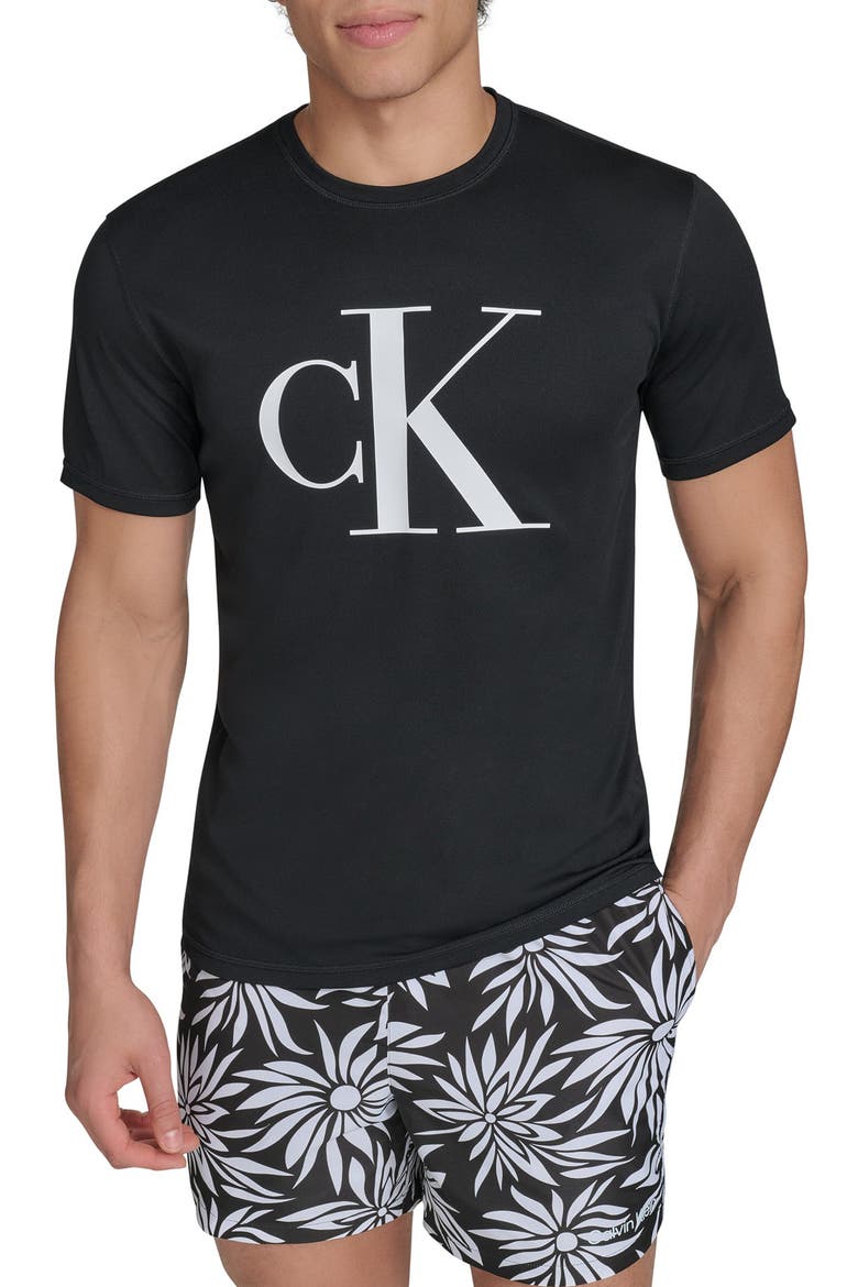 Monogram Logo Short Sleeve Rashguard, Main, color, BLACK