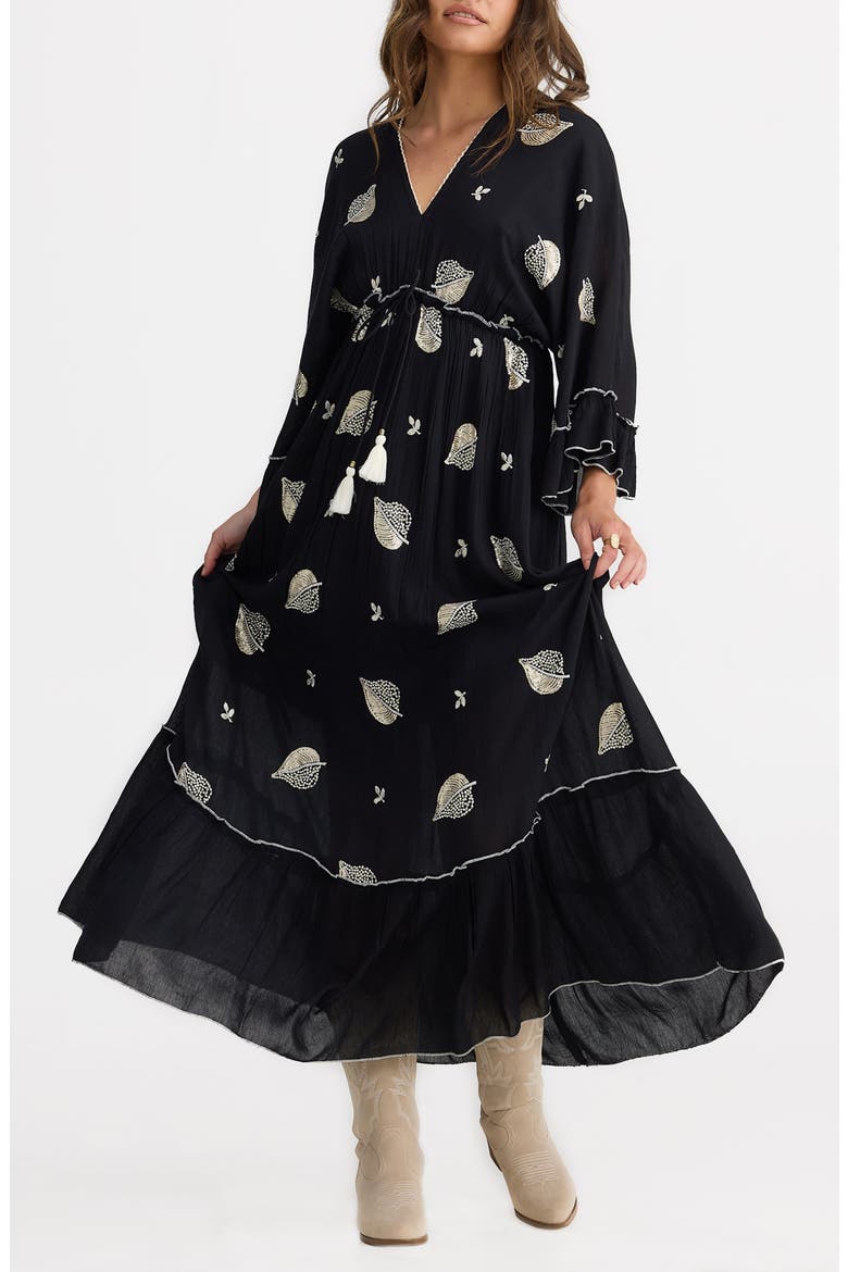 Ebony Embellished Long Sleeve Maxi Dress, Main, color, BLACK