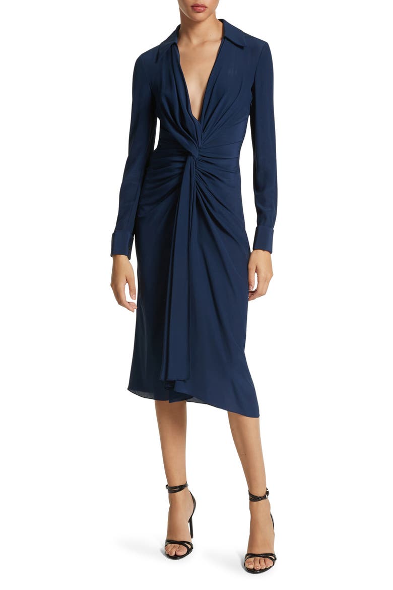 Twist Detail Long Sleeve Organic Silk Crêpe de Chine Shirtdress, Main, color, NAVY