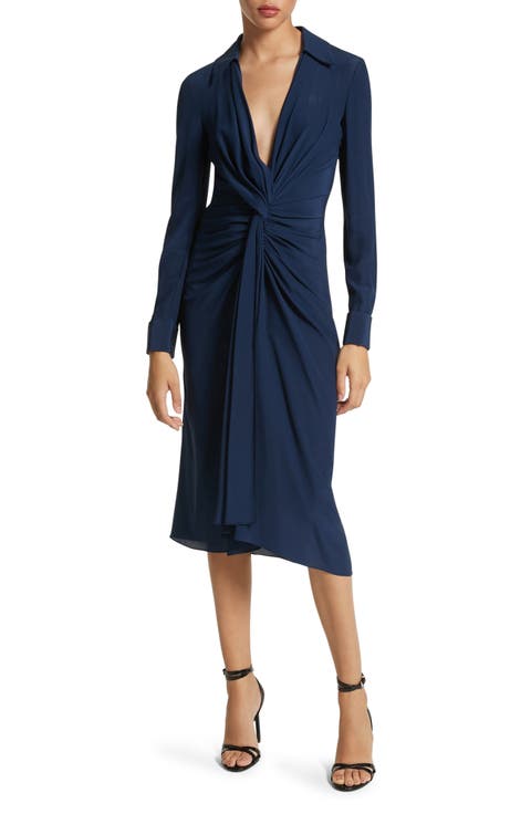 Twist Detail Long Sleeve Organic Silk Crêpe de Chine Shirtdress