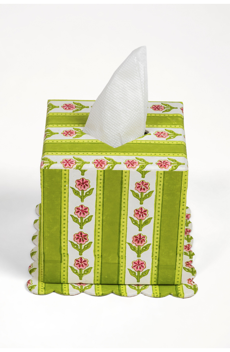 Inner Child Cottage Garden Blockprint Scallop Tissue Box Cover, Main, color, Green