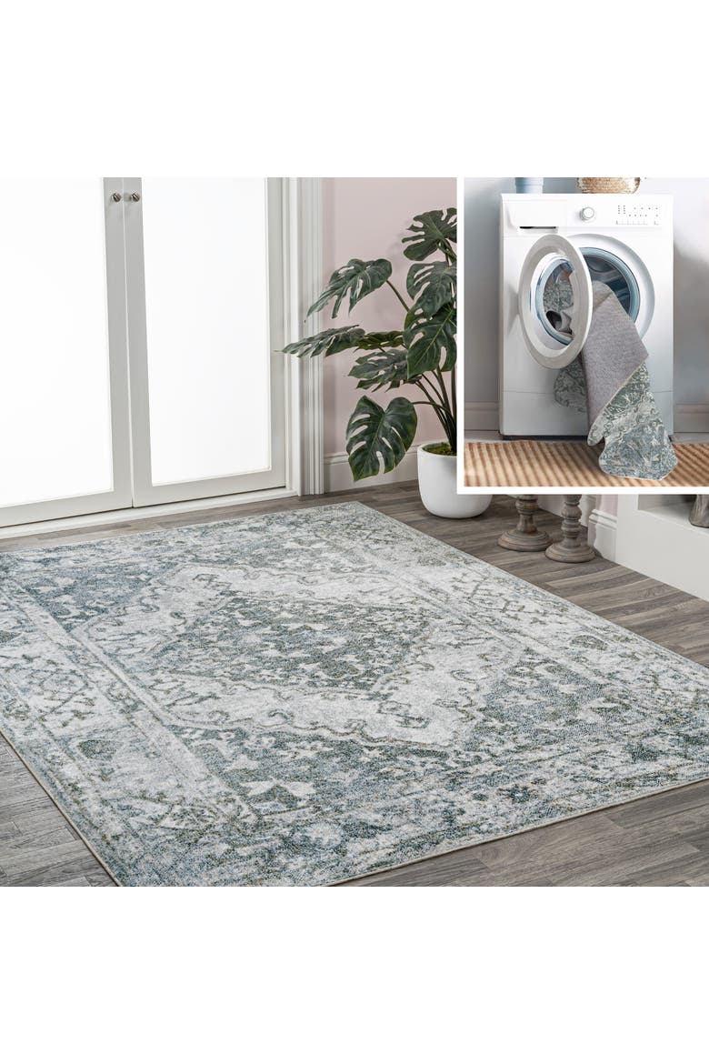 Pavel Distressed Medallion Low-Pile Machine-Washable Area Rug, Main, color, Light Gray/Blue