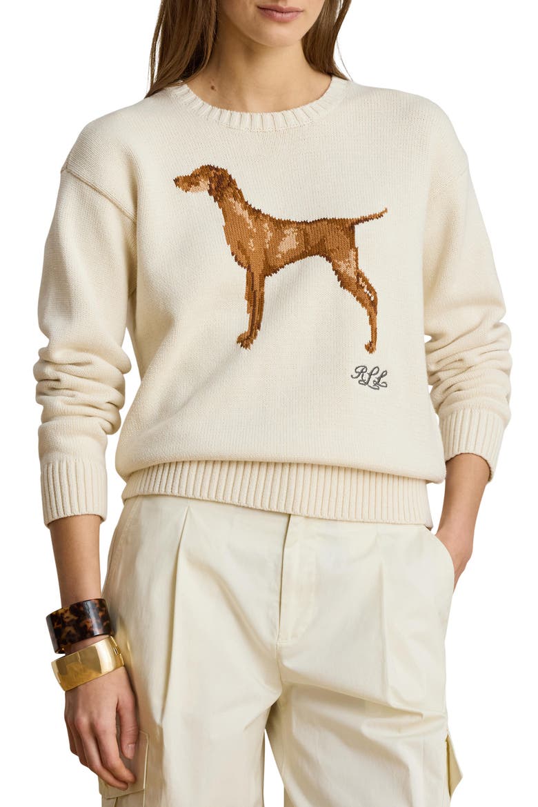 Intarsia Vizsla Knit Cotton Sweater, Main, color, MASCARPONE CREAM/ MULTI