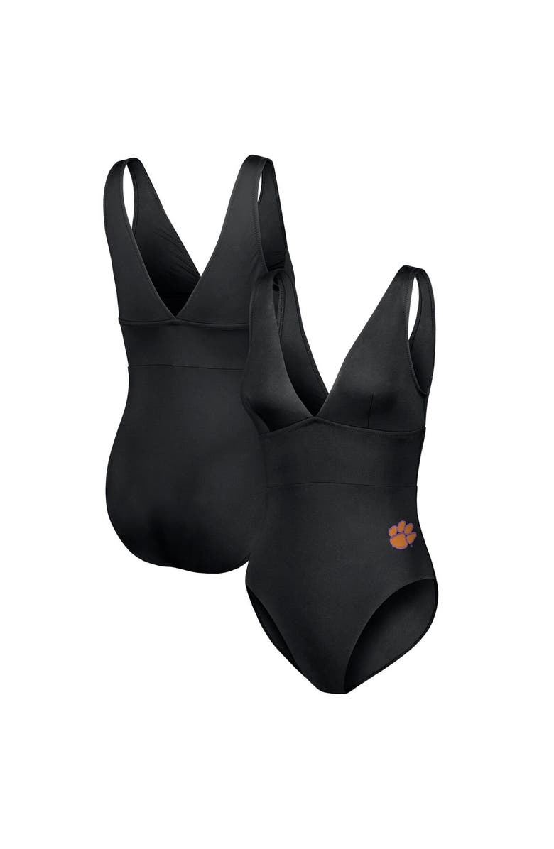 Tommy Bahama Women's Tommy Bahama Black Clemson Tigers Palm Modern V-Neck One-Piece Swimsuit, Main, color, Black