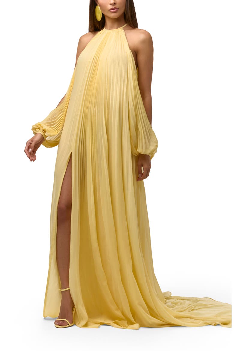 Pleated Chiffon Halter Maxi Dress, Alternate, color, LEMONADE