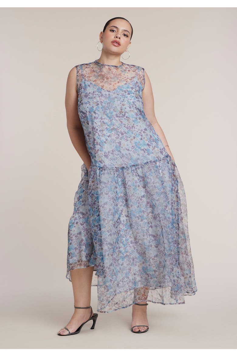Printed Organza Drop Waist Midi Dress, Alternate, color, MYSTIC BLOOMS