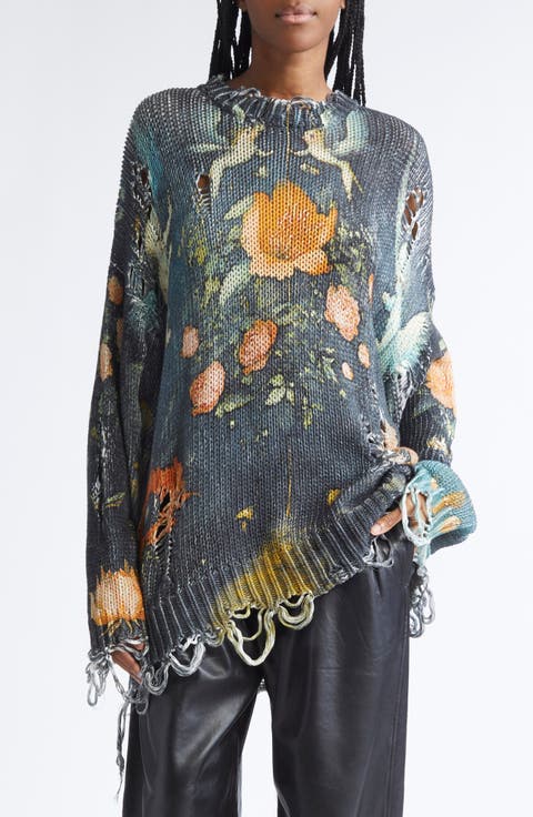 Distressed Oversize Floral Cashmere Boyfriend Sweater