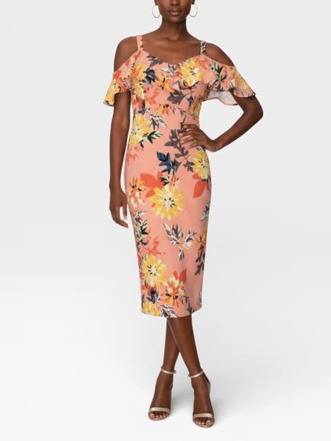 Marcella Printed Off the Shoulder Ruffle Midi Dress