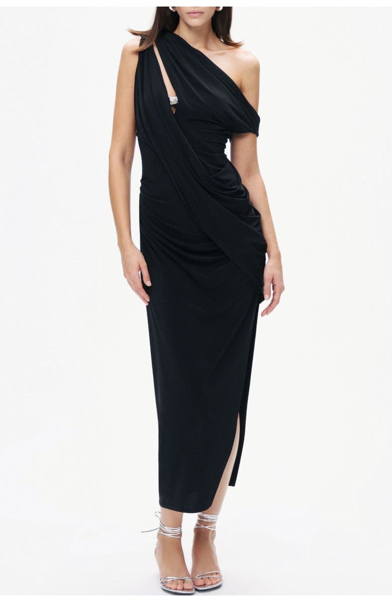Nocturne Black Asymmetric Draped Midi Dress with Metal Detail, Main, color, 
