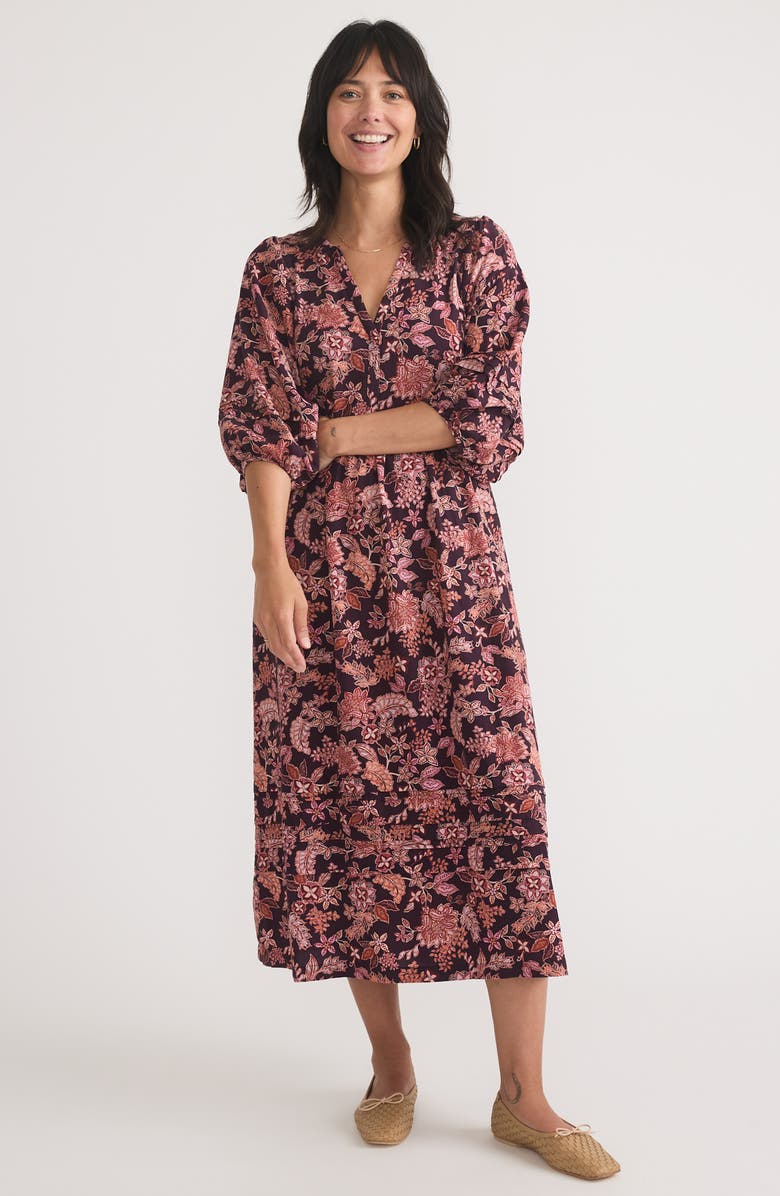 Marine Layer Lola Floral Puff Sleeve Midi Dress, Alternate, color, Warm Floral