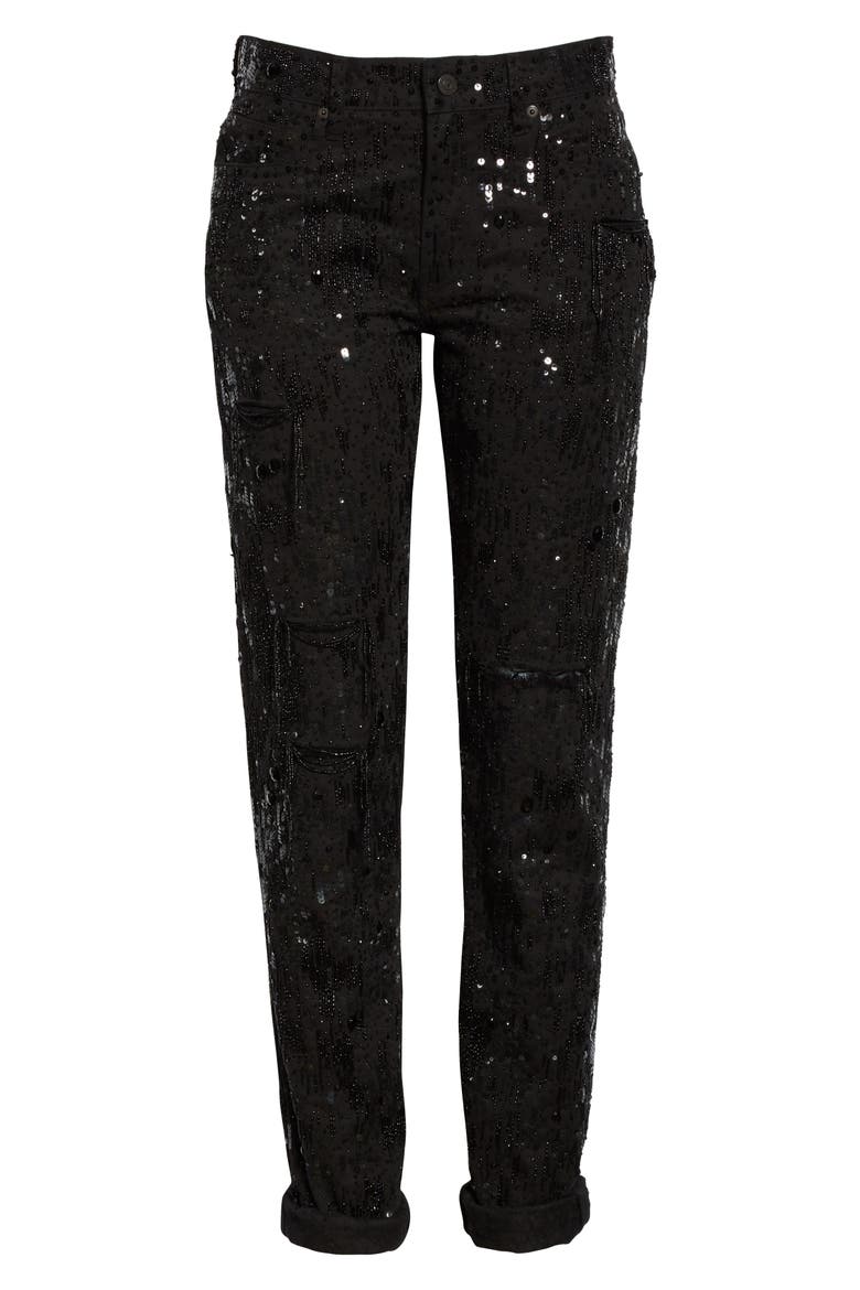 Avery Sequin Boyfriend Jeans, Alternate, color, BLACK BEADED