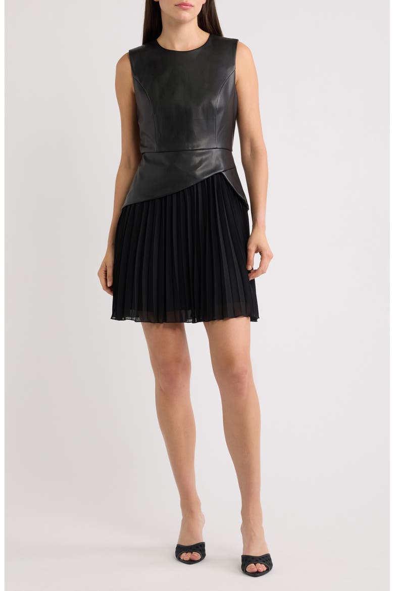 Pleated Skirt Sleeveless Faux Leather Dress, Main, color, BLACK