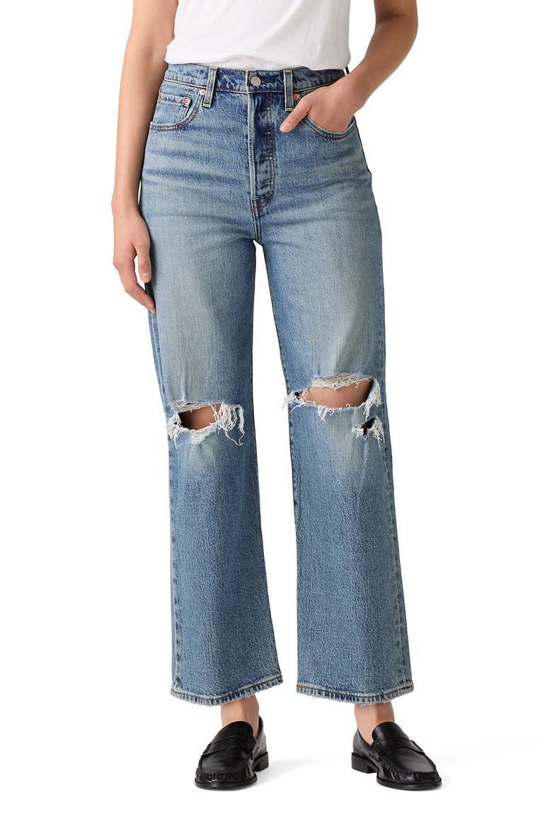 Ribcage Ripped High Waist Ankle Straight Leg Jeans, Main, color, QUEEN MOTHER