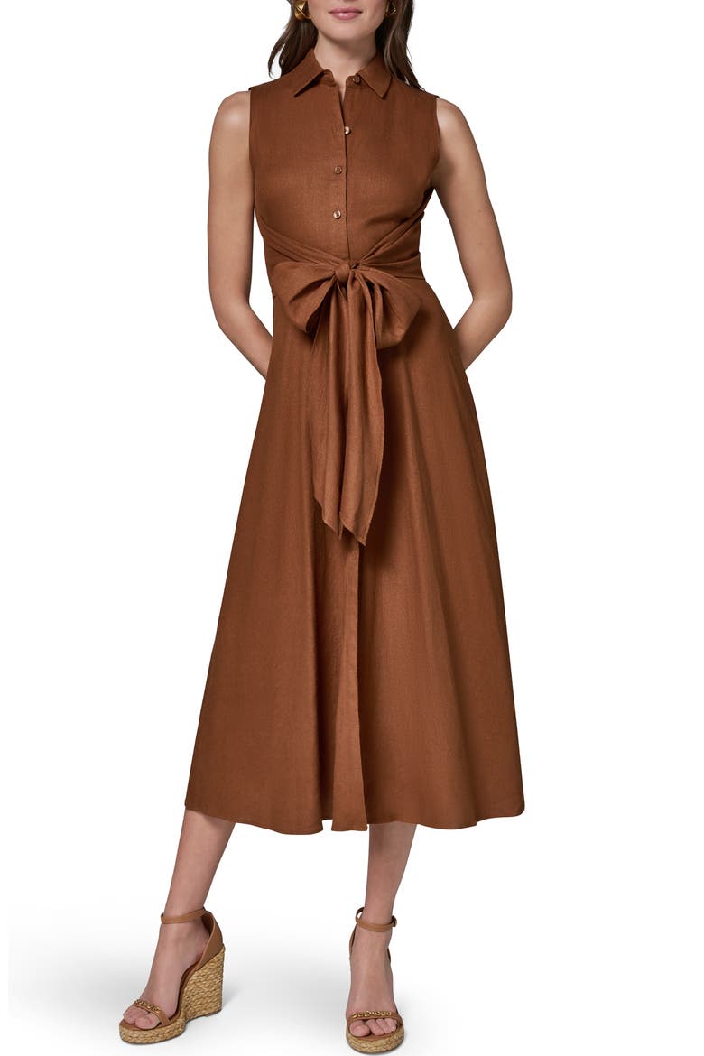 donna karan shirt dress Faux Leather Midi tie belt defines the waist for a flattering drape Donna Karan Women's Sleeveless Linen
