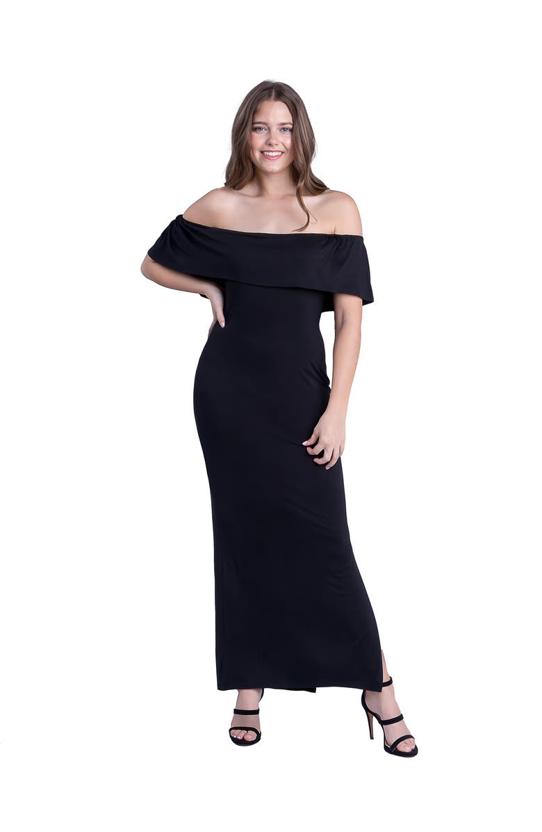 24seven Comfort Apparel Off Shoulder Ruffle Detail Maxi Dress, Main, color, Black