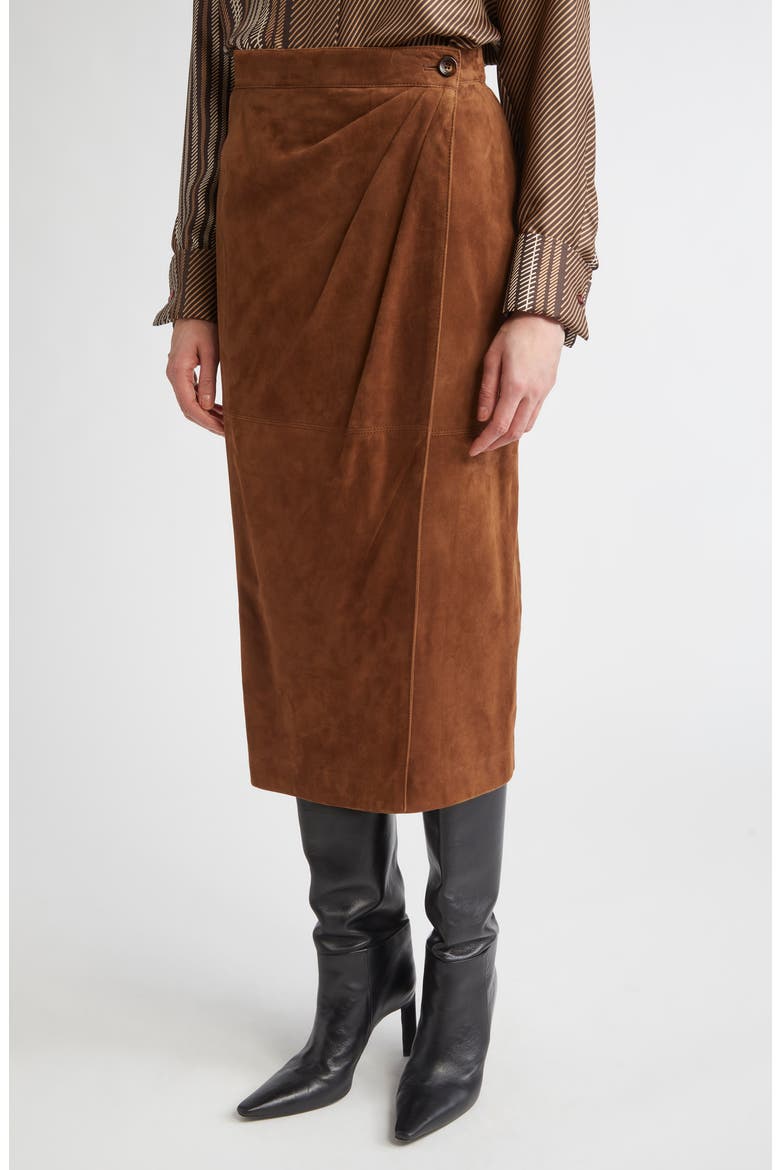 Jerez Goatskin Suede Wrap Midi Skirt, Alternate, color, TOBACCO