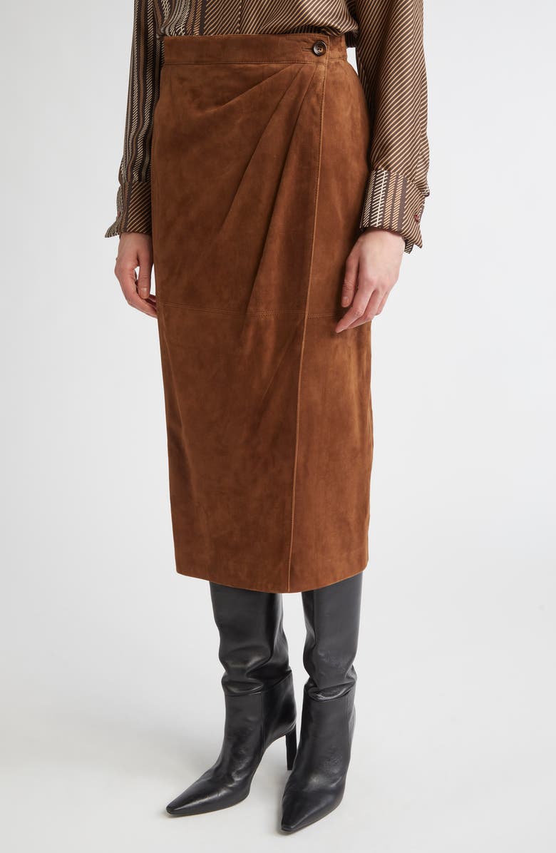 Max Mara Jerez Goatskin Suede Wrap Midi Skirt, Alternate, color, Tobacco