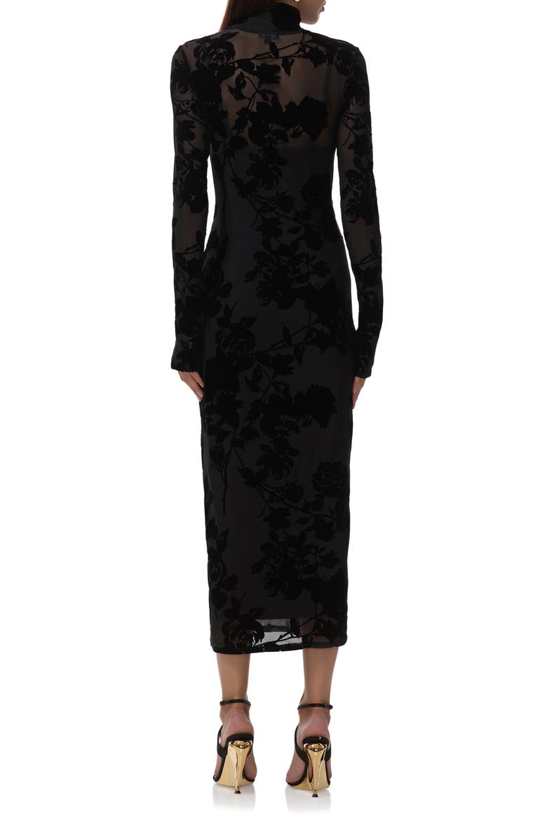 Shailene Flocked Long Sleeve Mesh Midi Dress, Alternate, color, NOIR