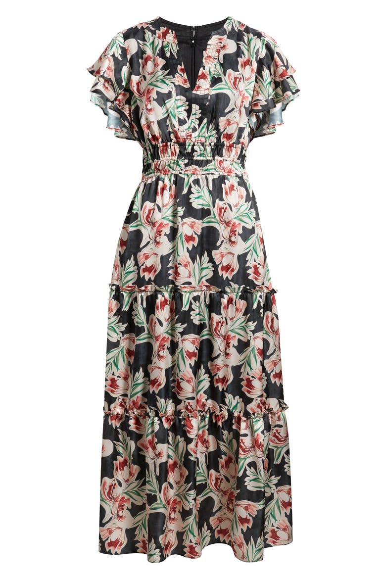 Floral Tiered Split Neck Ruffle Sleeve Satin Dress, Alternate, color, BLACK MULTI