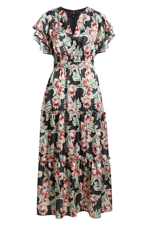 Julia Jordan Floral Tiered Split Neck Ruffle Sleeve Satin Dress In Multi