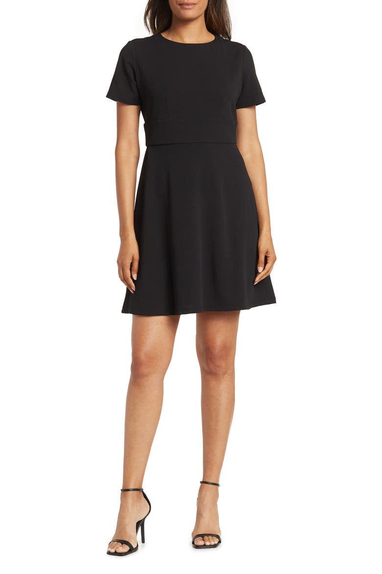 Short Sleeve Scuba Fit & Flare Dress, Main, color, BLACK