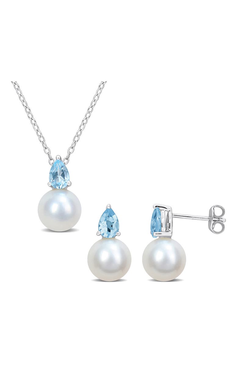 DELMAR Topaz & Freshwater Pearl Stud Earrings & Pendant Necklace Set, Main, color, Blue