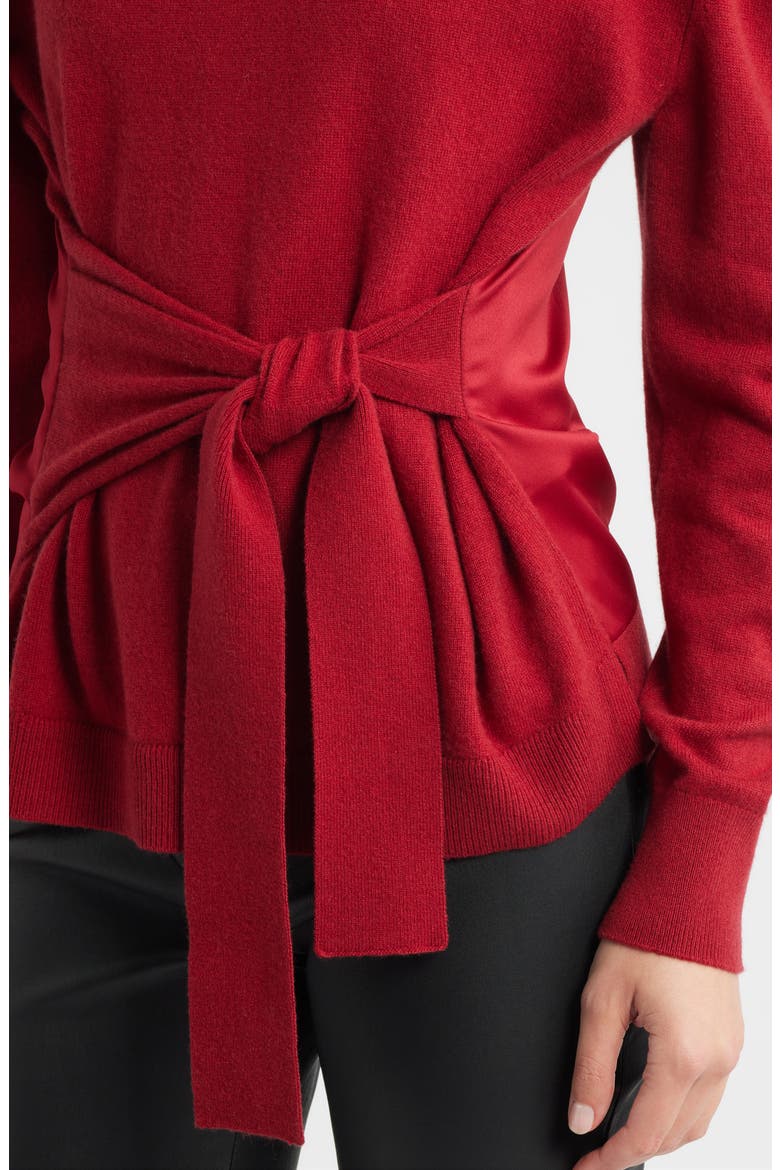 Falandia Tie Waist Mixed Media Turtleneck Wool & Cashmere Sweater, Alternate, color, DEEP RUBY