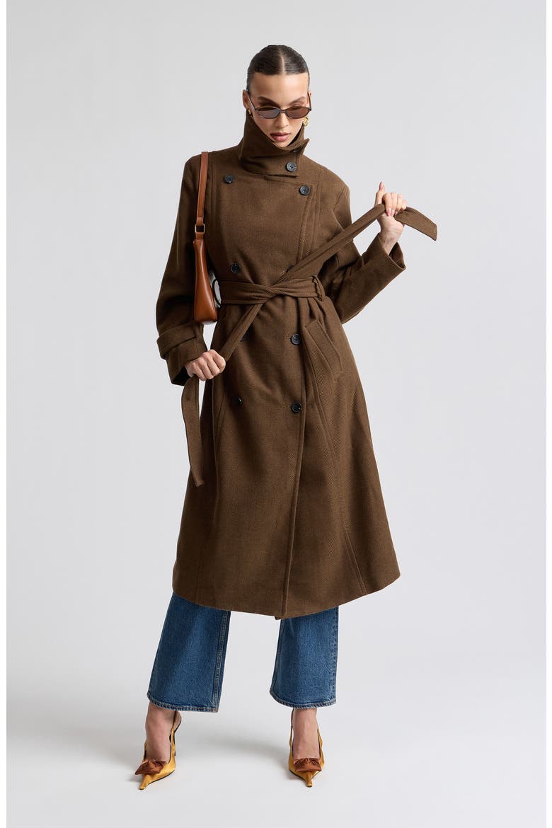 Belted Funnel Neck Herringbone Trench Coat, Alternate, color, TAWNY