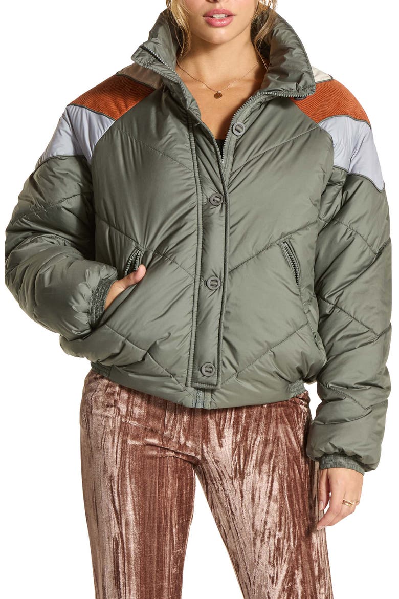 Colorblock Chevron Puffer Jacket, Main, color, OLIVE