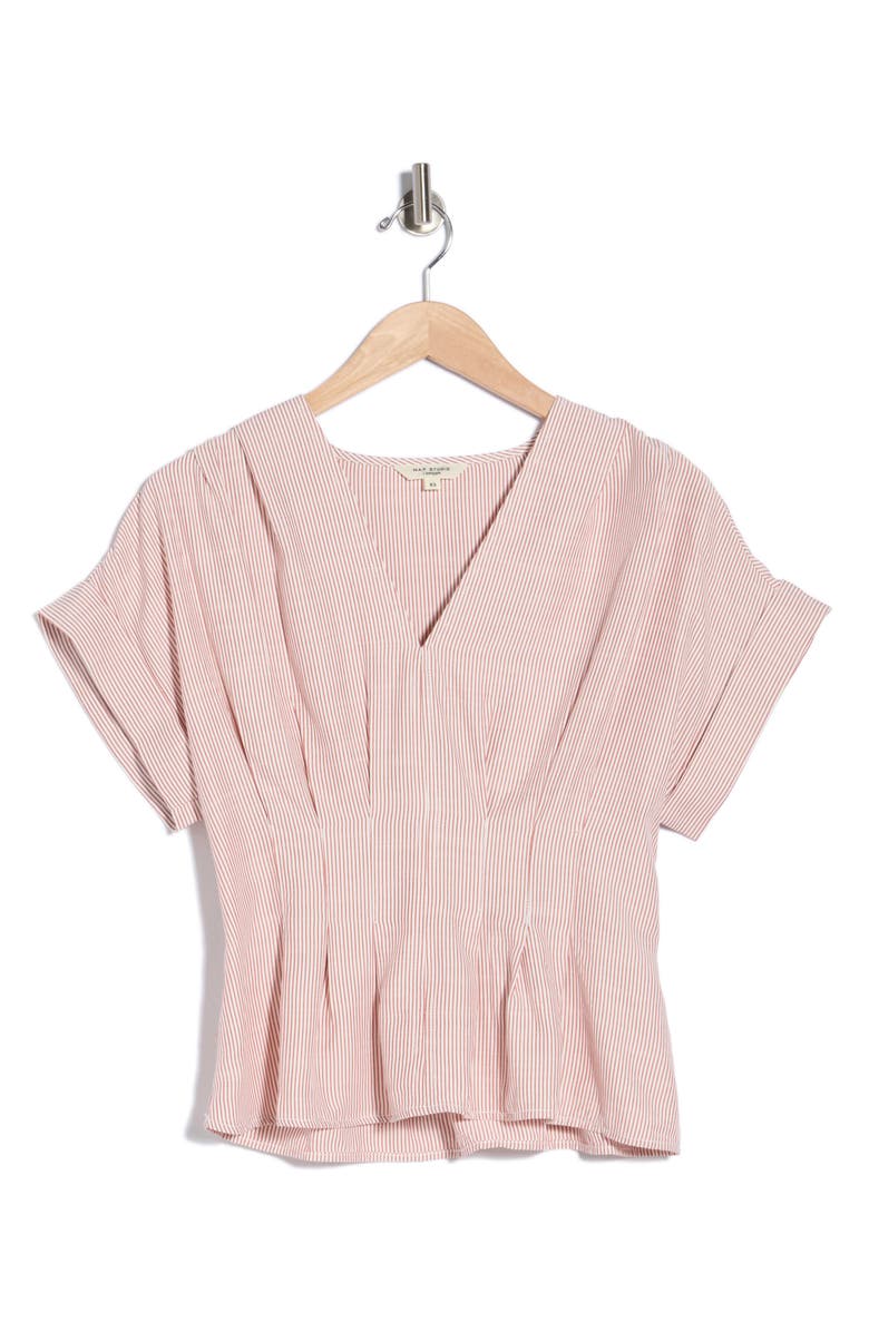 MAX STUDIO Stripe Short Sleeve Pleated Front Top, Main, color, Off White/ Baked Apple Stripe