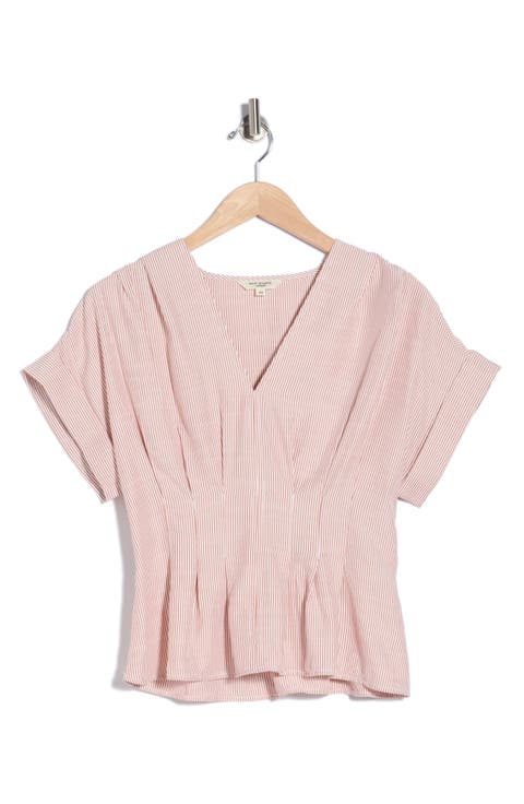 Stripe Short Sleeve Pleated Front Top