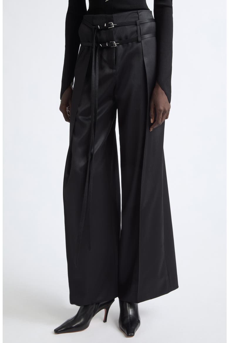 Relics Belted Wool Blend Satin Wide Leg Pants, Main, color, BLACK