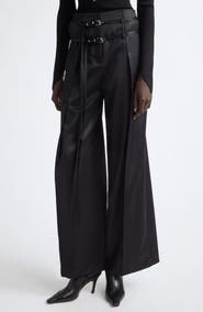 GRACE LING Relics Belted Wool Blend Satin Wide Leg Pants