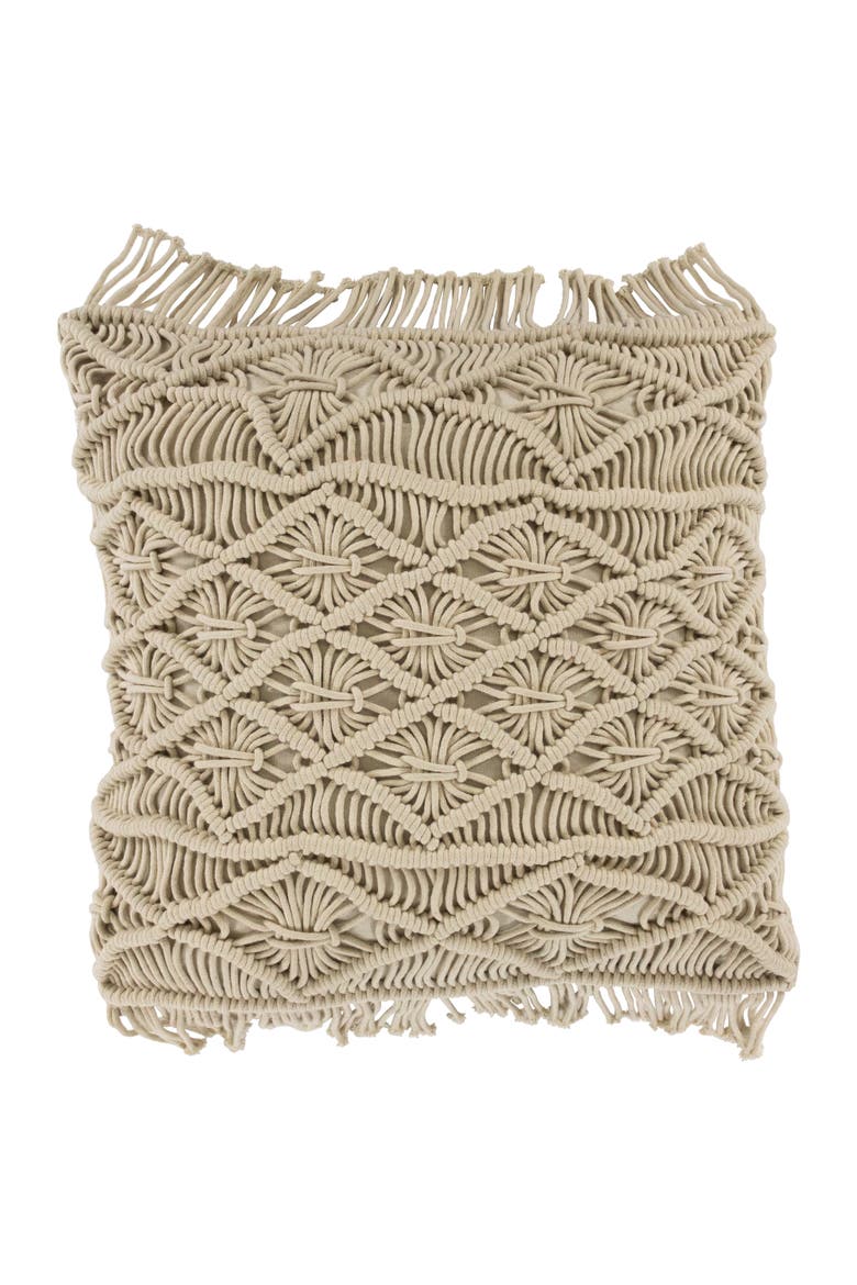 18" Natural Cotton Handmade Macrame Square Throw Pillow, Main, color, Ivory