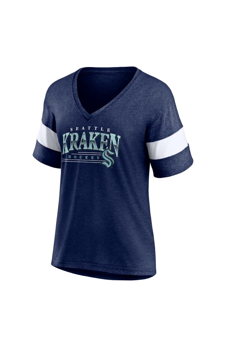 FANATICS Women's Fanatics Heather Deep Sea Blue Seattle Kraken Clapper V-Neck Half-Sleeve T-Shirt, Alternate, color, Heather Navy