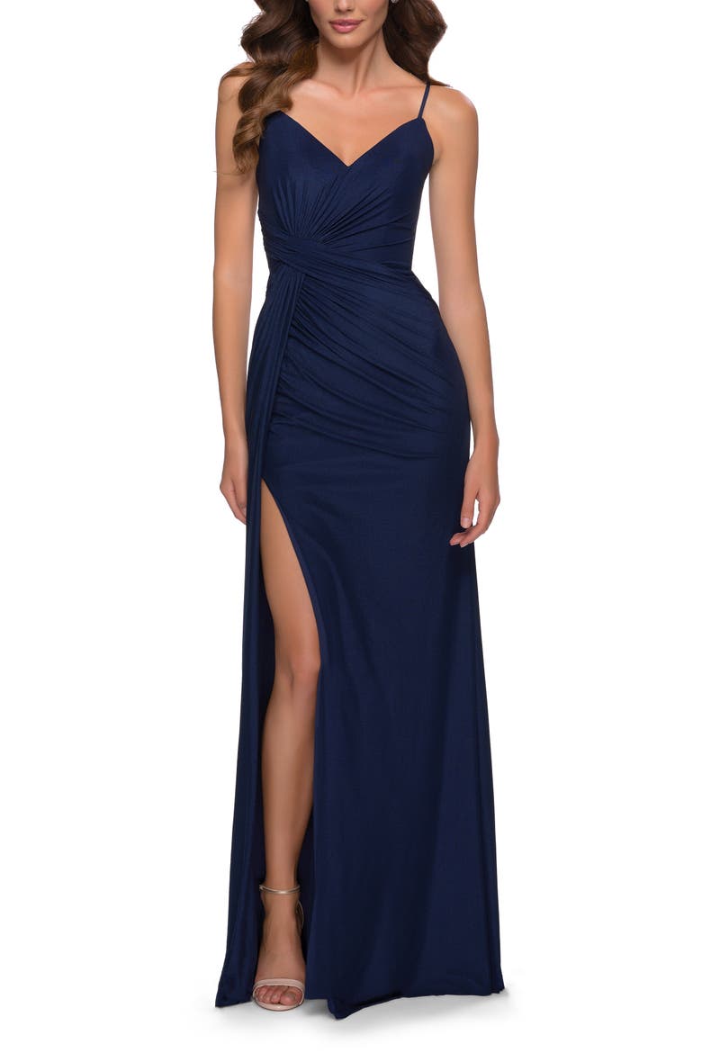 Long Net Jersey Prom Gown with Ruching and Slit, Main, color, Navy