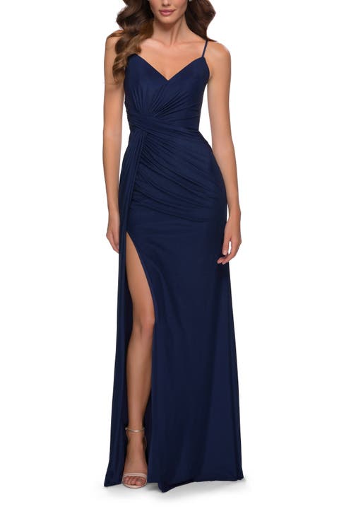 Long Net Jersey Prom Gown with Ruching and Slit