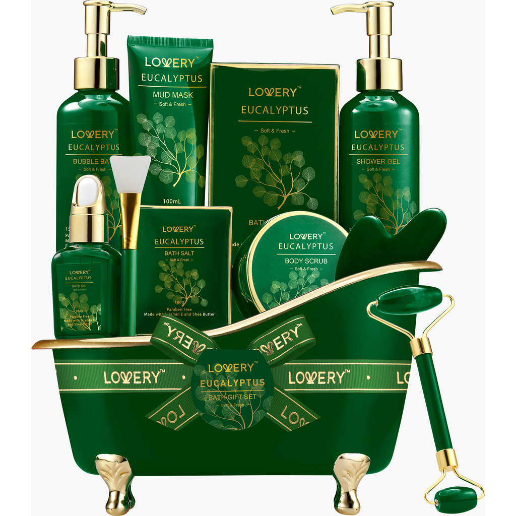 Lovery Luxury Holiday Basket Spa Kit, Eucalyptus Stress Relief Bath And Body Care In Dark Green