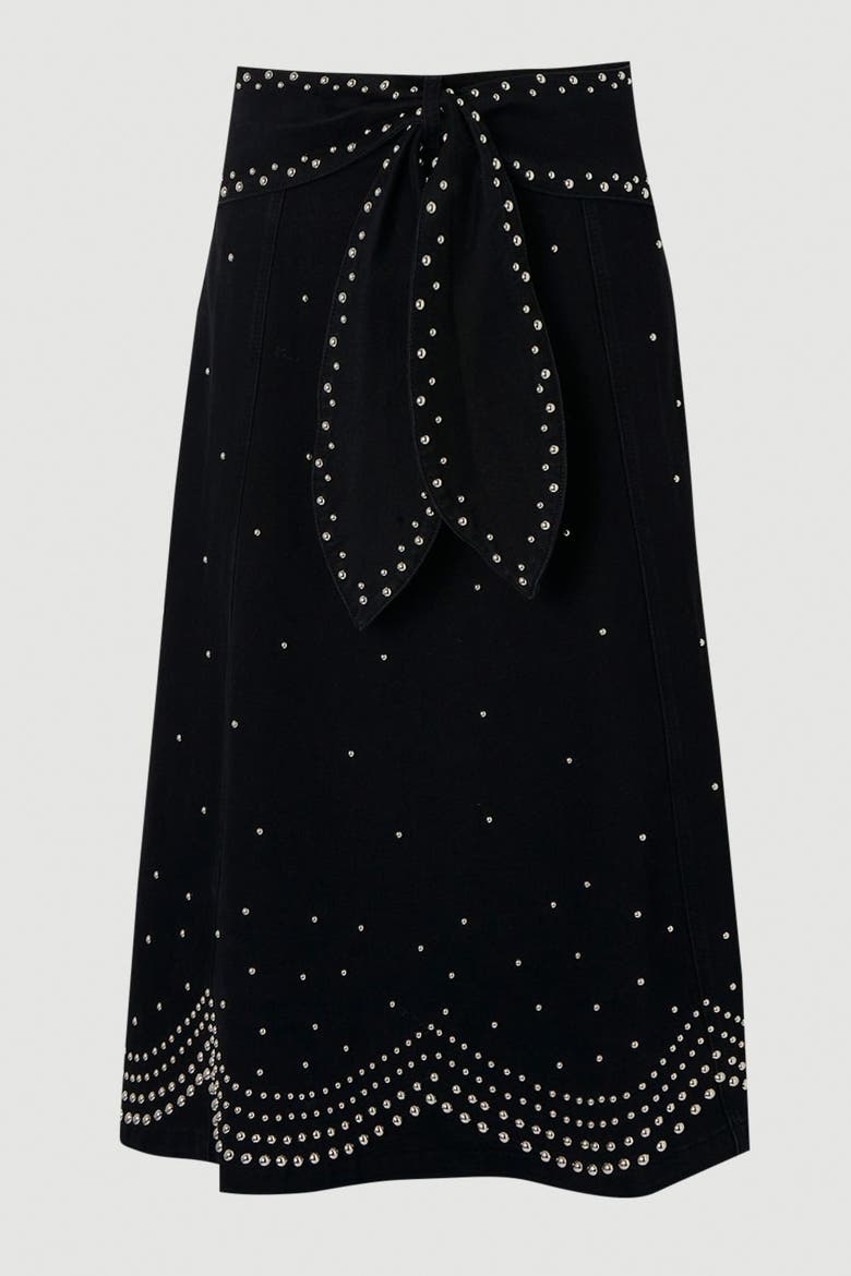 Studded Tie Belt Midi Skirt, Alternate, color, Black