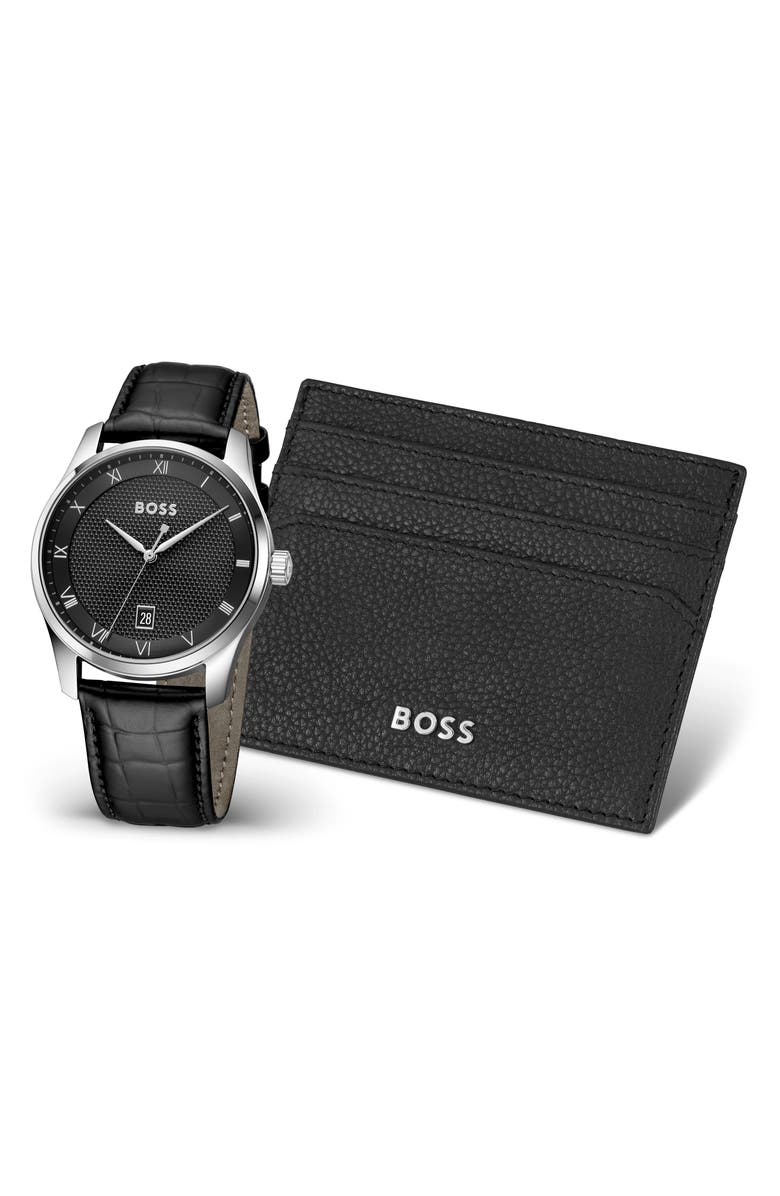 BOSS Principle Leather Strap Watch, 41mm, Alternate, color, Black