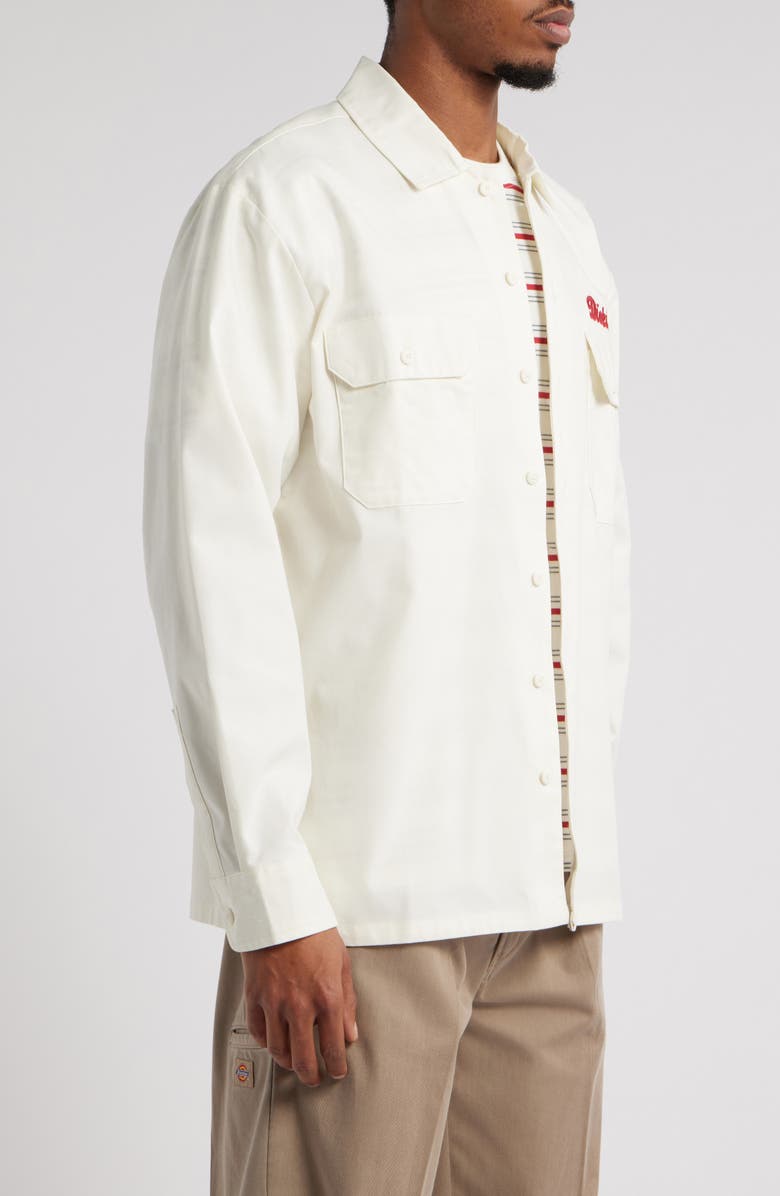 Dickies Lewiston Logo Embroidered Cotton Button-Up Utility Shirt, Alternate, color, Egret