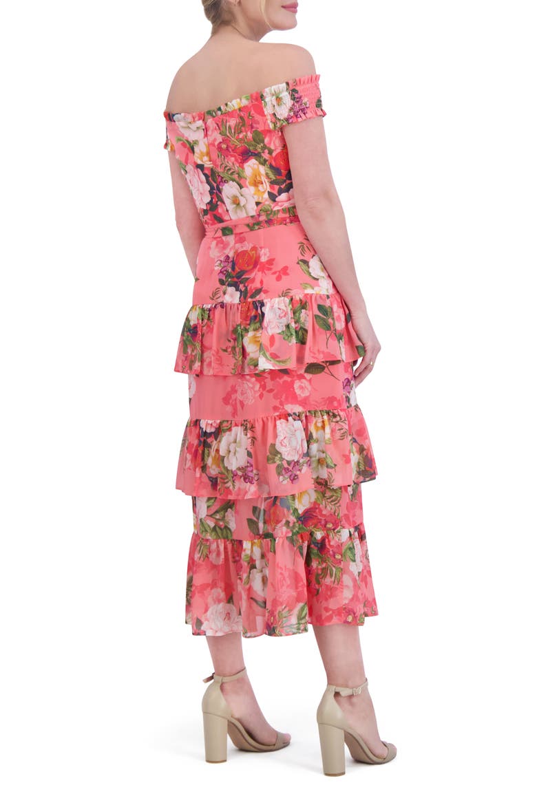 Floral Off the Shoulder Tiered Midi Dress, Alternate, color, CORAL