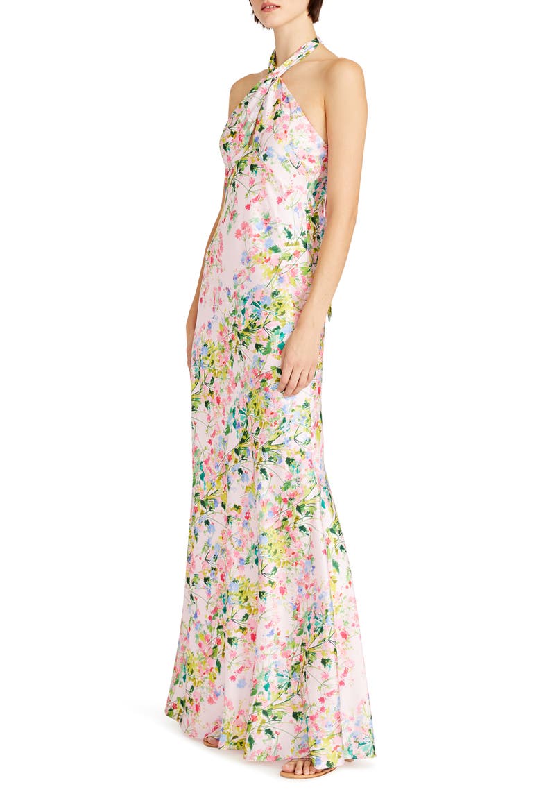 Rose Halter Satin Gown, Alternate, color, IVORY/ WILDROSE