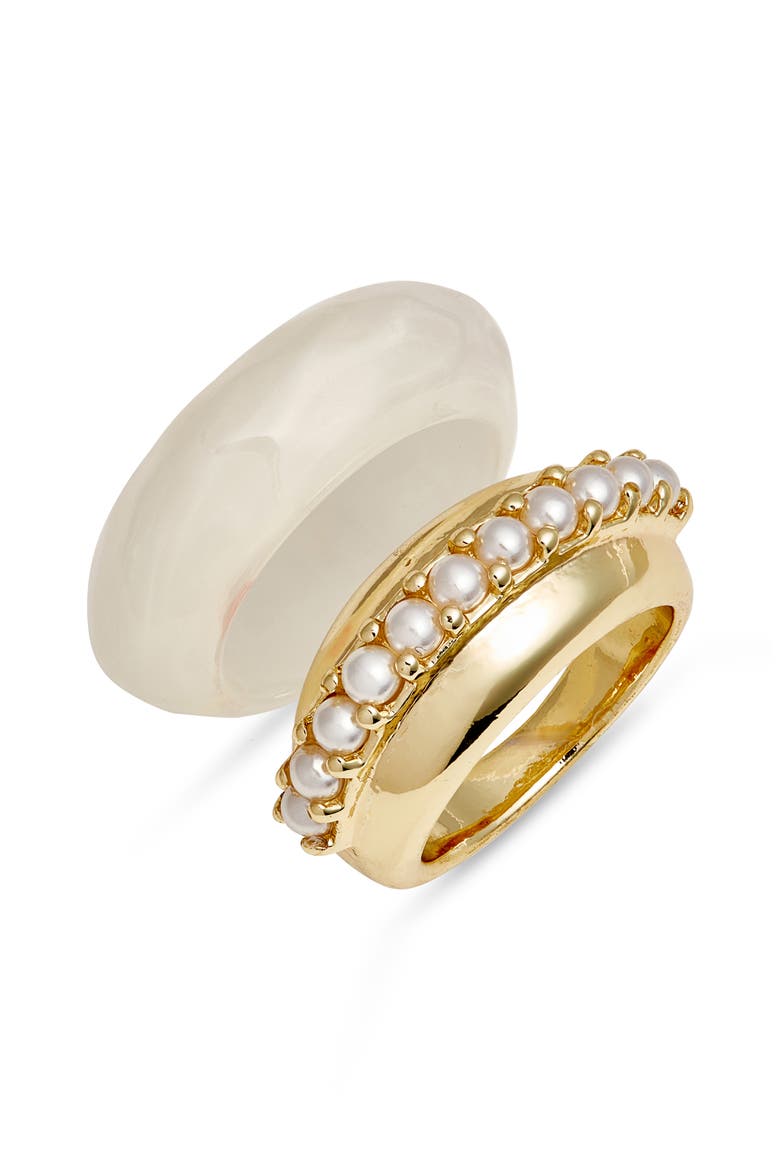 Set of 2 Resin & Faux Pearl Rings, Main, color, WHITE- GOLD