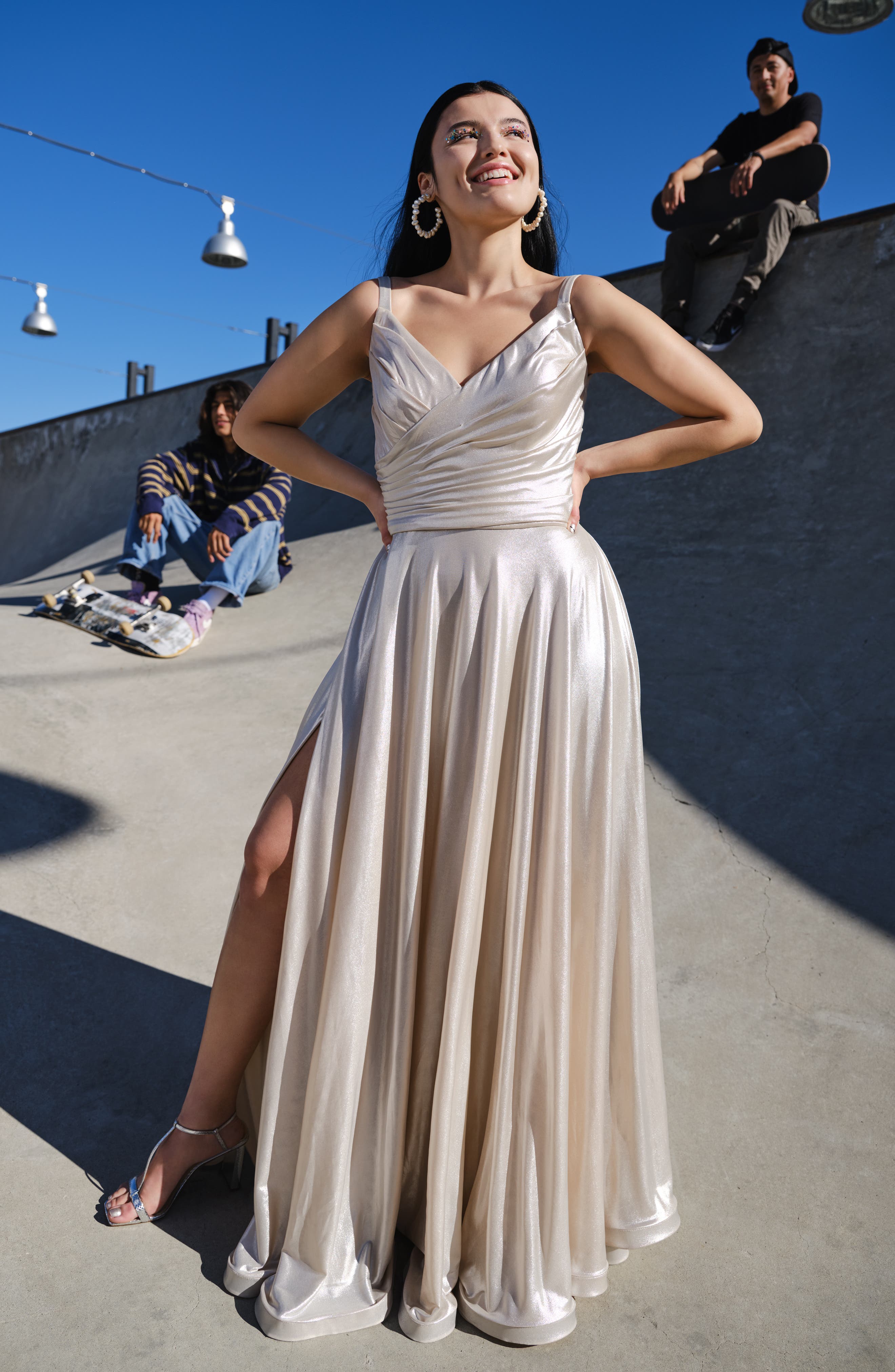 silver grecian dress Draped Satin Grecian Column Gown with Convertible Straps
