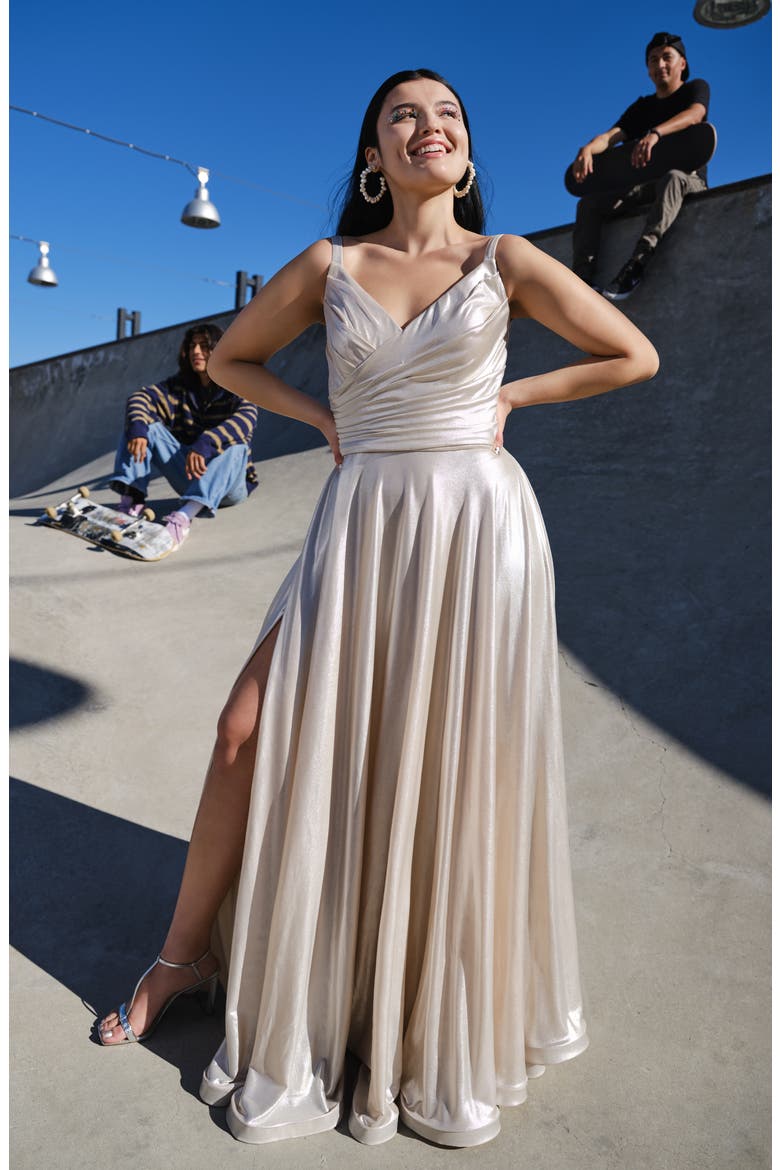 Metallic Grecian Long Plus Size Dress, Alternate, color, SILVER