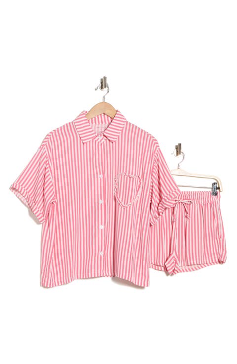 Heart Patch Cabana Button-Up Shirt & Shorts Cover-Up Set