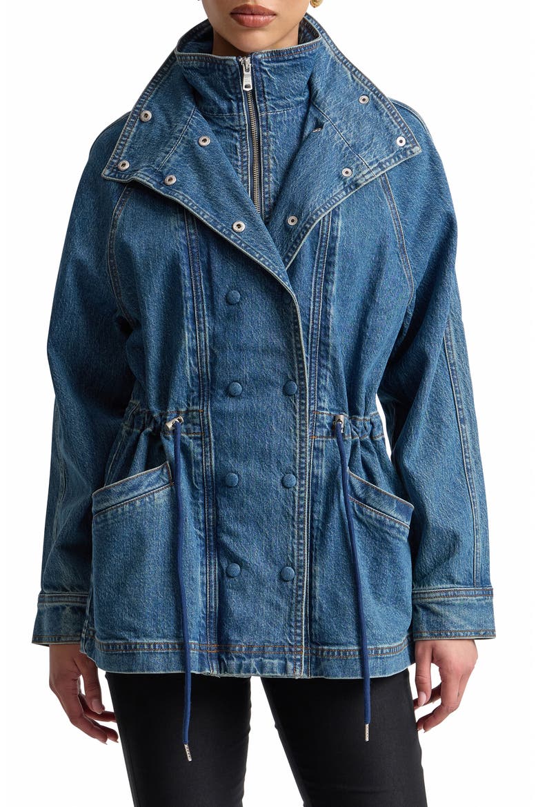 Double Breasted Stretch Denim Jacket with Bib Inset, Main, color, DUSTY BLUE WASH