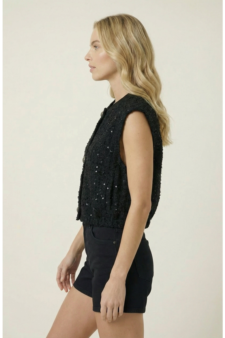 Sleeveless Statement Buttons Textured Top, Alternate, color, Black
